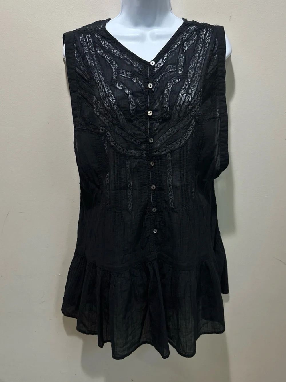 Free People Black Lace-Trim Sleeveless Mini Dress 100%Cotton